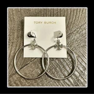 NEW Tory Burch Stacked T Logo Hoop Earrings Silver